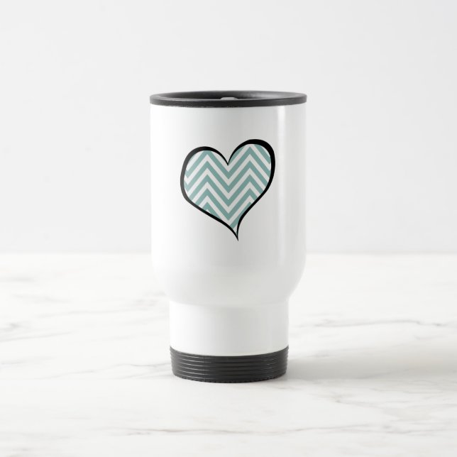 Blue Zigzag, Blue Chevron, Zigzag Pattern, Heart Travel Mug (Center)