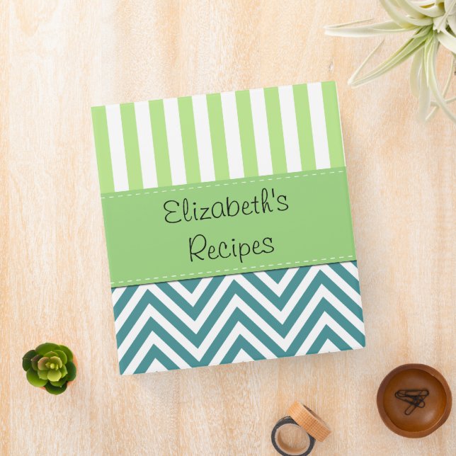 Blue Zigzag, Chevron, Green Stripes, Your Name 3 Ring Binder (In Situ)