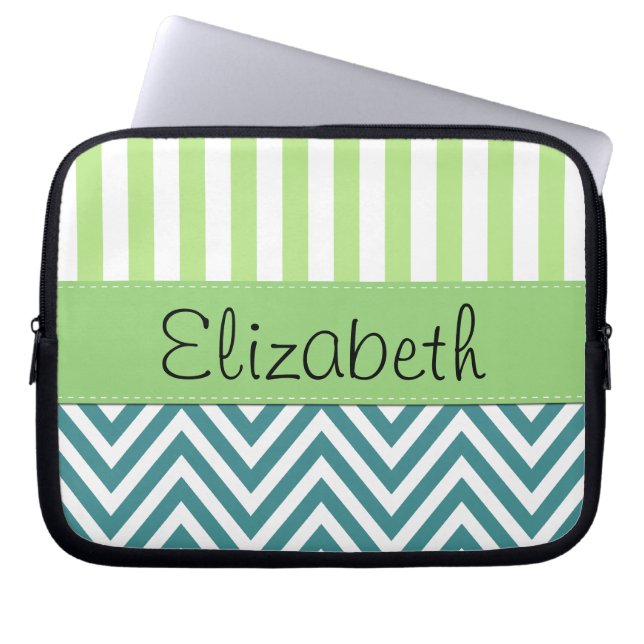 Blue Zigzag, Chevron, Green Stripes, Your Name Laptop Sleeve (Front)