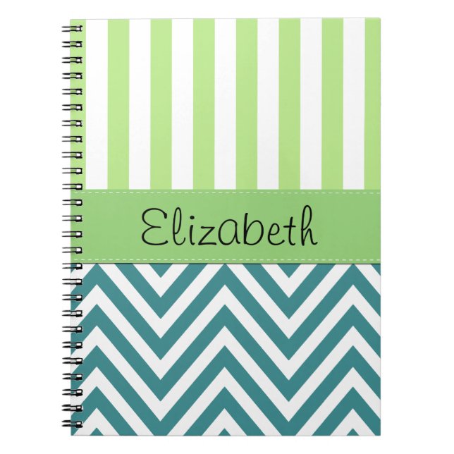 Blue Zigzag, Chevron, Green Stripes, Your Name Notebook (Front)