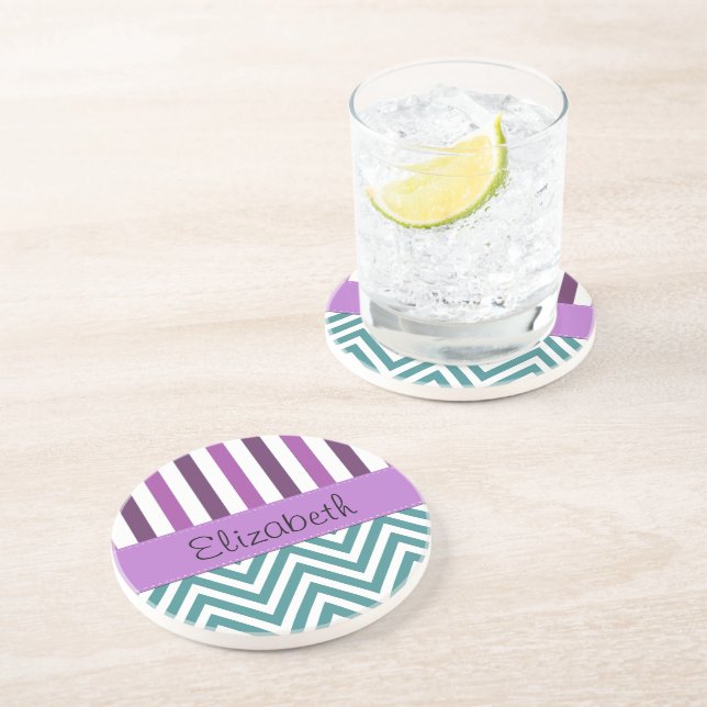 Blue Zigzag, Chevron, Purple Stripes, Your Name Drink Coaster (Side)
