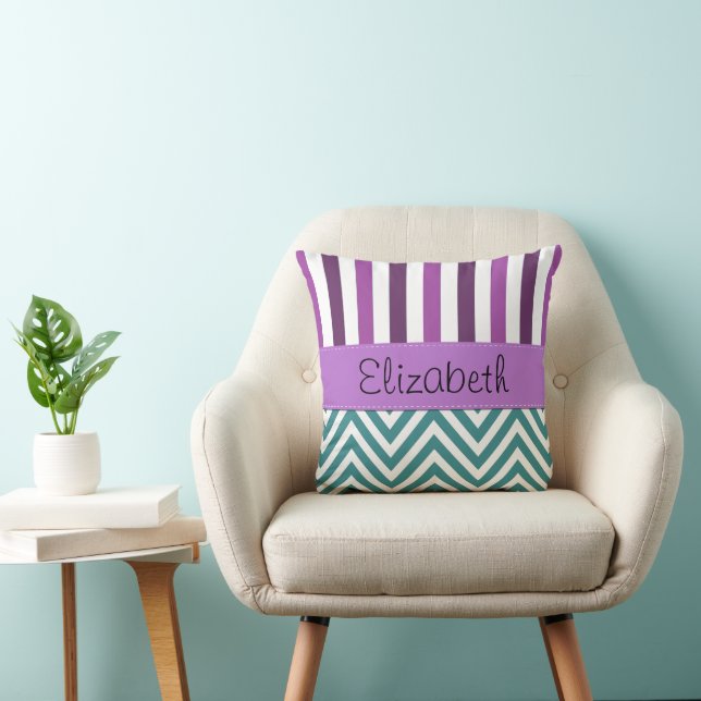Blue Zigzag, Chevron, Purple Stripes, Your Name Throw Pillow (Chair)
