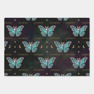 Blue Zircon December Birthstone Moth Birthday Wrapping Paper Sheets
