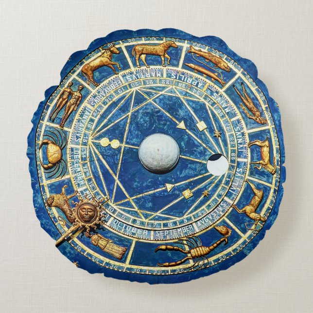 Blue Zodiac Astrology Birth / Sun Signs Gold Stars Round Pillow (Front)
