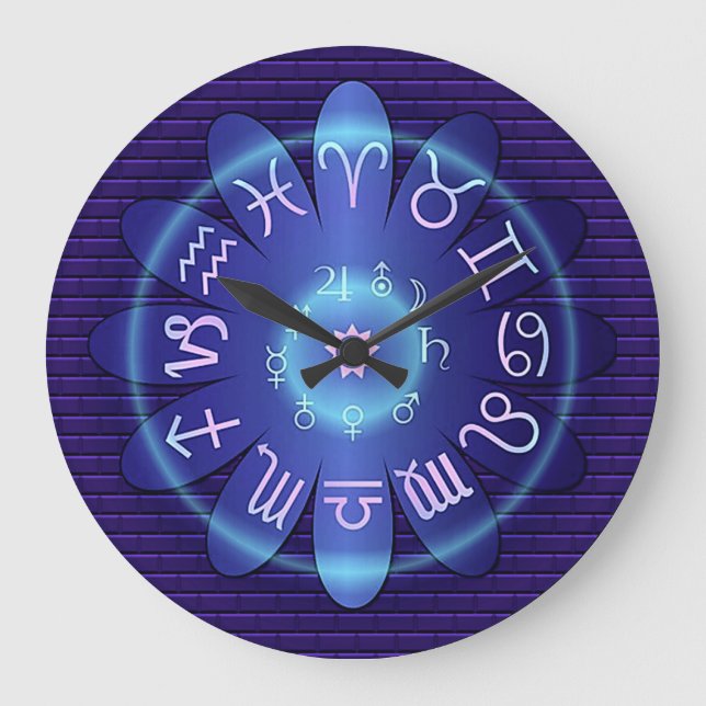 Blue Zodiac Astrology Symbols Wall Clock (Front)