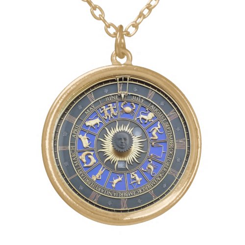 Blue Zodiac Wheel Gold Plated Necklace