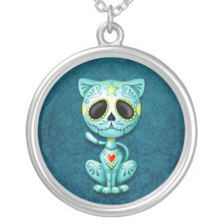 Blue Zombie Sugar Kitten Silver Plated Necklace