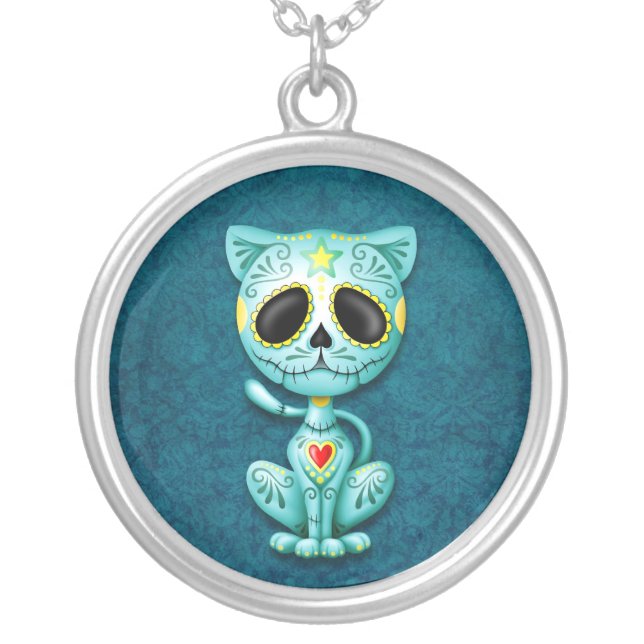 Blue Zombie Sugar Kitten Silver Plated Necklace (Front)