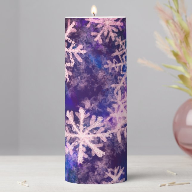Blueand purple air, white snowflakes pillar candle (In Situ)