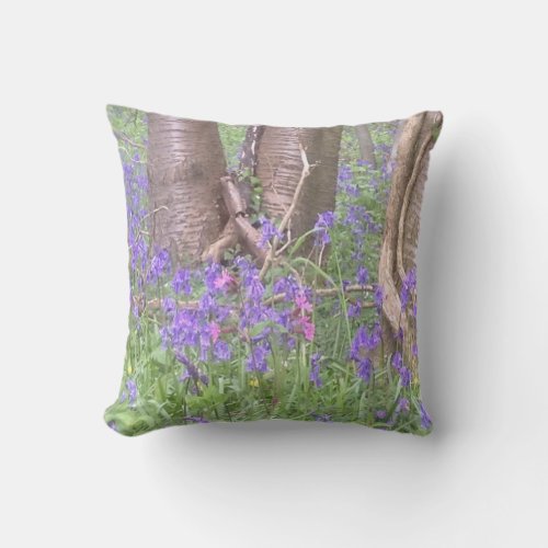 Bluebell Wood with pink campion Throw Pillow