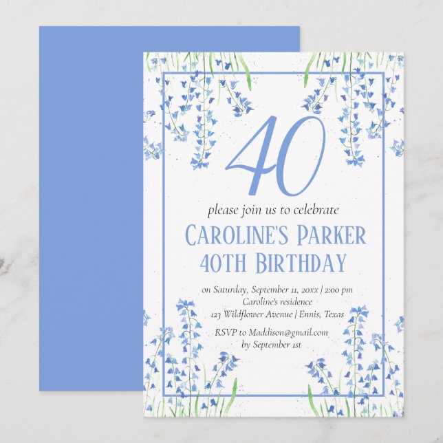 Bluebells 40th Birthday Blue Floral Botanical Invitation (Front/Back)