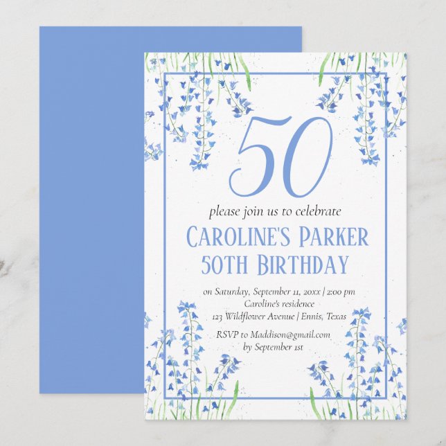 Bluebells 50th Birthday Blue Floral Botanical Invitation (Front/Back)