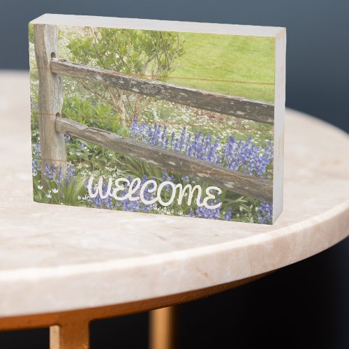 Bluebells Along Wooden Fence Welcome Wooden Box Sign