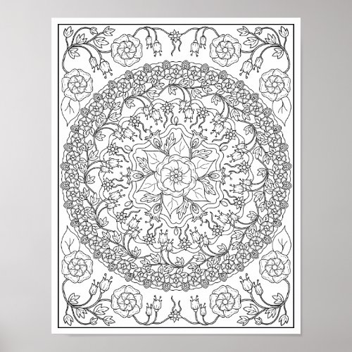 Bluebells and Vines Mandala Adult Coloring Poster