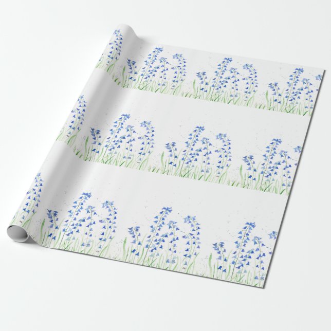 Bluebells blue flowers Watercolor Floral Rustic Wrapping Paper (Unrolled)