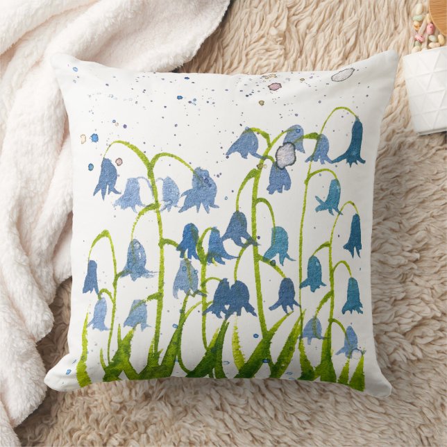 Bluebells blue flowers watercolor nature throw pillow (Blanket)
