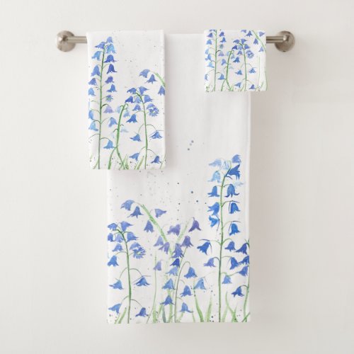 Bluebells Blue Flowers Watercolor Woodland Bath Towel Set