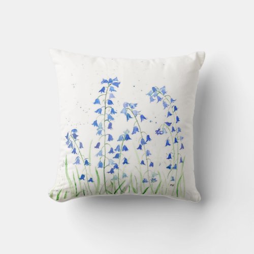 Bluebells blue pastel flowers watercolor nature throw pillow