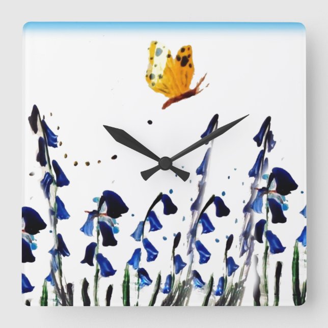 Bluebells Butterfly Floral Art Square Wall Clock (Front)
