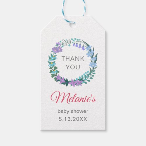 Bluebells Greenery Wreath Baby Shower Thank You Gift Tags
