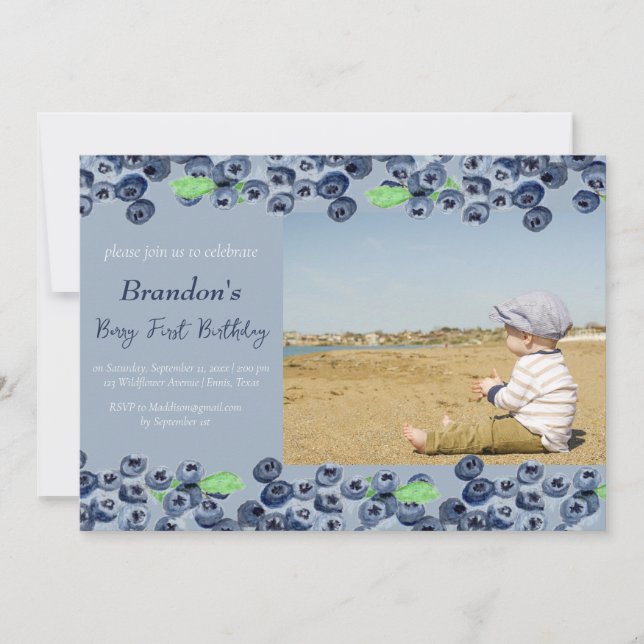 Blueberries 1st Berry First Birthday Photo Fruit Invitation (Front)