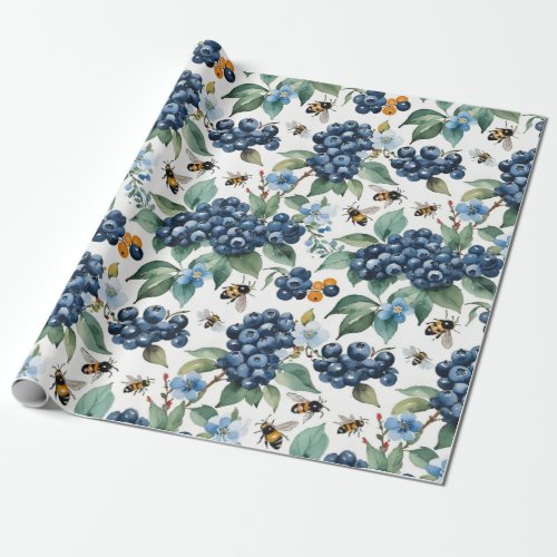 Blueberries and Bees Watercolor Wrapping Paper