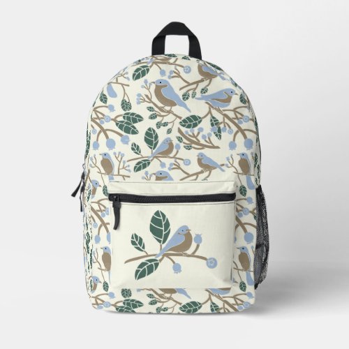 Blueberries and Bluebirds Light Blue Brown Cream Printed Backpack
