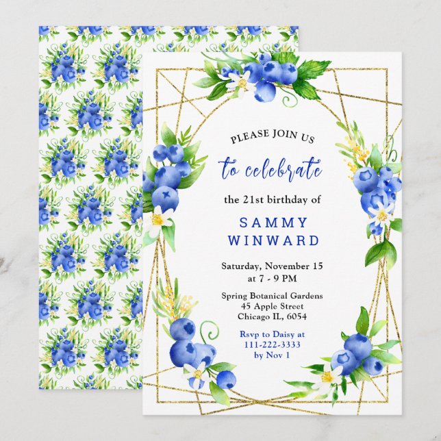 Blueberries and Foliage Birthday Invitation (Front/Back)