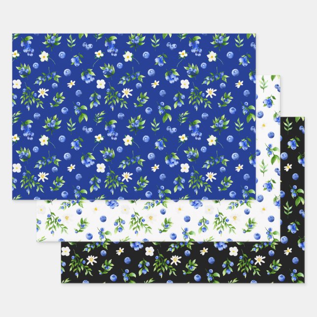 Blueberries and Foliage Pattern Wrapping Paper Sheets (Set)