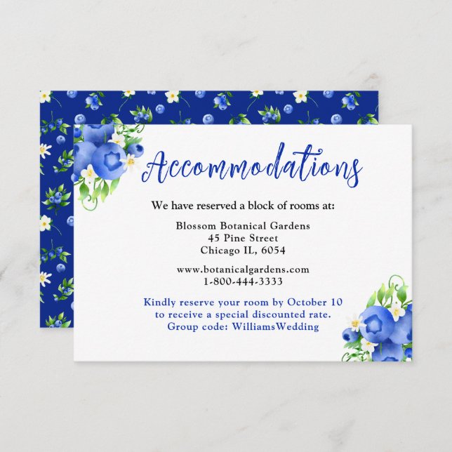 Blueberries and Foliage Wedding Accommodations Enclosure Card (Front/Back)
