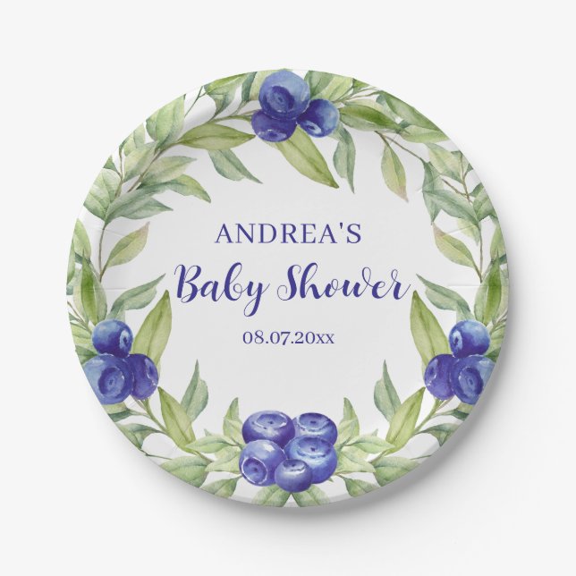 Blueberries and Greenery Foliage Baby Shower Paper Plates (Front)