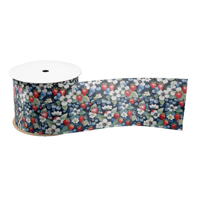 Blueberries And Strawberries Floral Satin Ribbon (Spool)