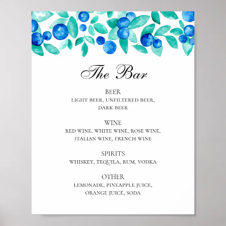Blueberries. Blue and mint wedding drinks bar menu Poster Zazzle