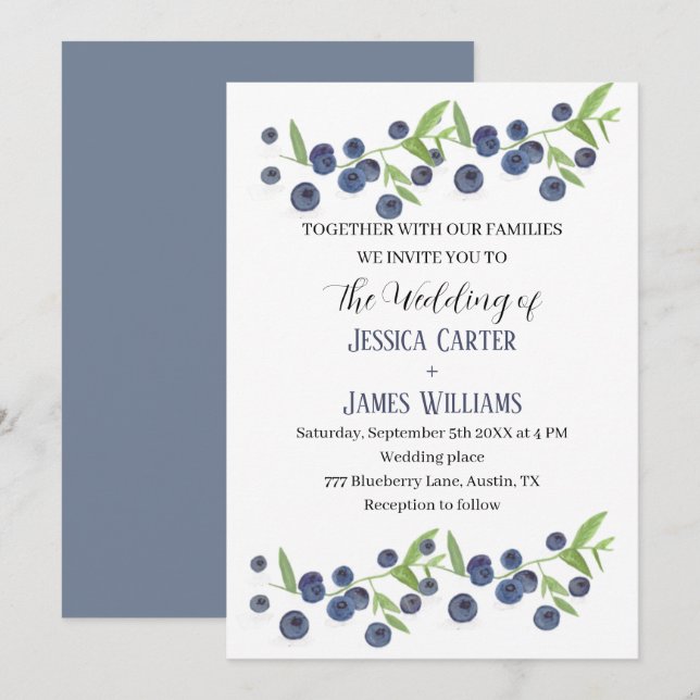 Blueberries Blueberry Fruit Watercolor Wedding Invitation (Front/Back)
