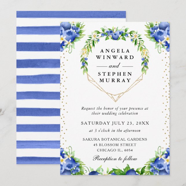 Blueberries Floral Heart Wreath Wedding Invitation (Front/Back)