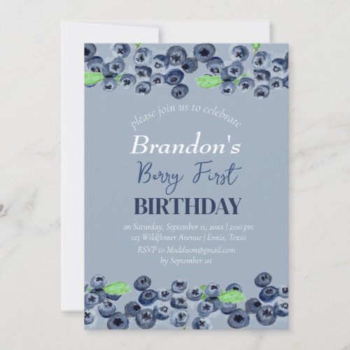 Blueberries Fruit 1st Berry First Birthday  Invitation