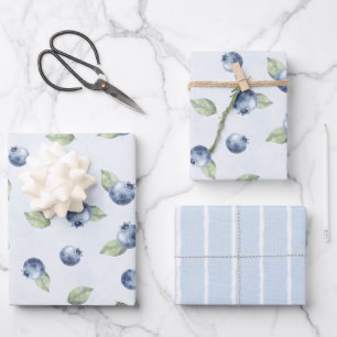 Blueberries Fruit Blue White Stripes Birthday Wrapping Paper Sheets