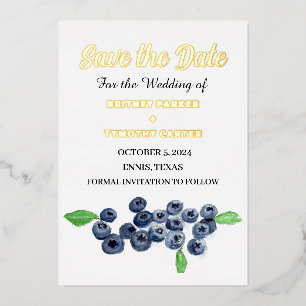 Blueberries Fruit Watercolor Photo QR Code Wedding Foil Invitation