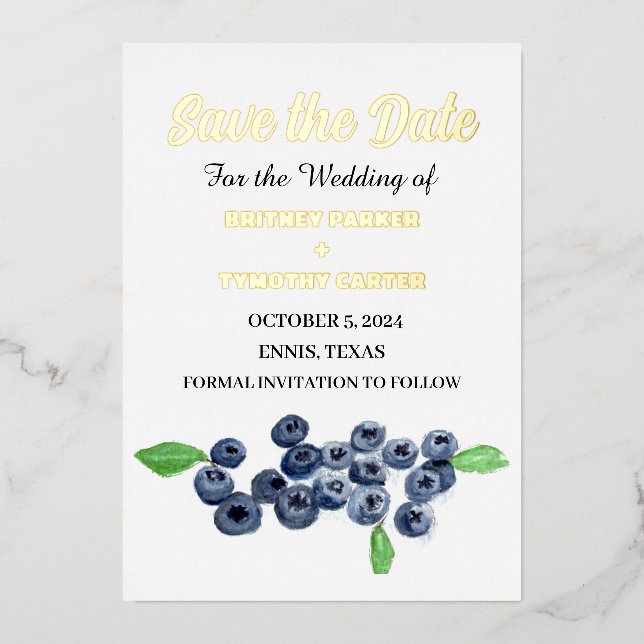 Blueberries Fruit Watercolor Photo QR Code Wedding Foil Invitation (Front)