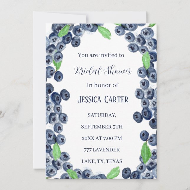 Blueberries Fruits Watercolor Boho Bridal Shower  Invitation (Front)