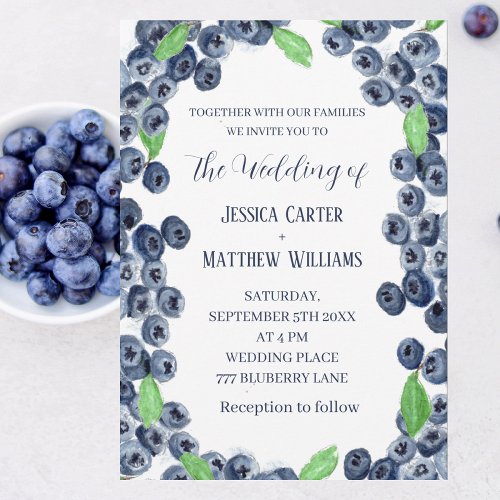 Blueberries Fruits Watercolor Boho Wedding Invitation