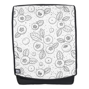 Blueberries on black and white backpack