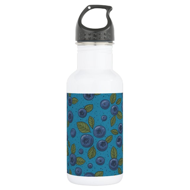 Blueberries on blue stainless steel water bottle (Front)