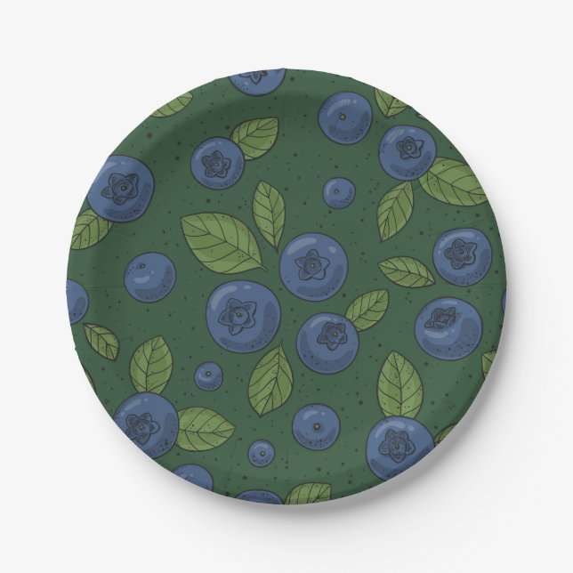 Blueberries on dark green paper plates (Front)