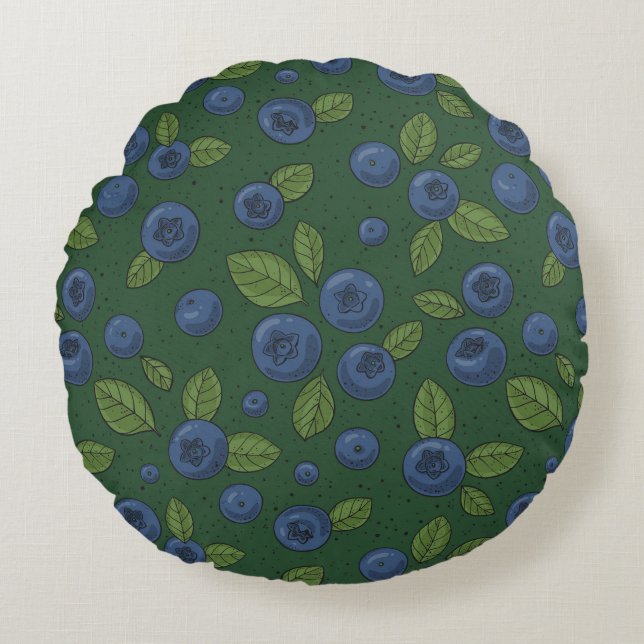 Blueberries on dark green round pillow (Front)