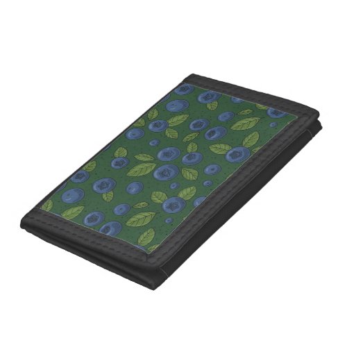 Blueberries on dark green trifold wallet