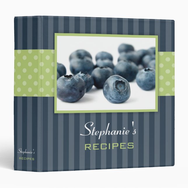 Blueberries Polka Dot Stripe Recipe Binder (Front/Spine)