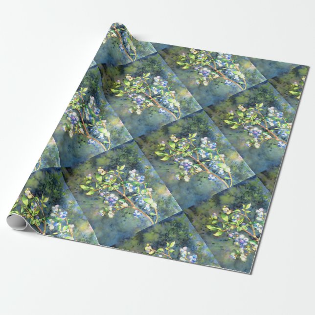 Blueberries, romantic fruit Watercolor painting Wrapping Paper (Unrolled)