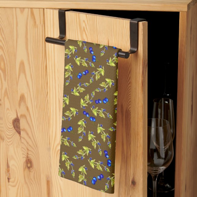 Blueberries Stemmed Leaves Brown Dirt Background Kitchen Towel (Thirds Fold)