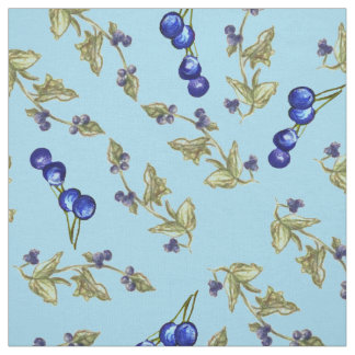Blueberries Stemmed Leaves Sky Blue Background Fabric